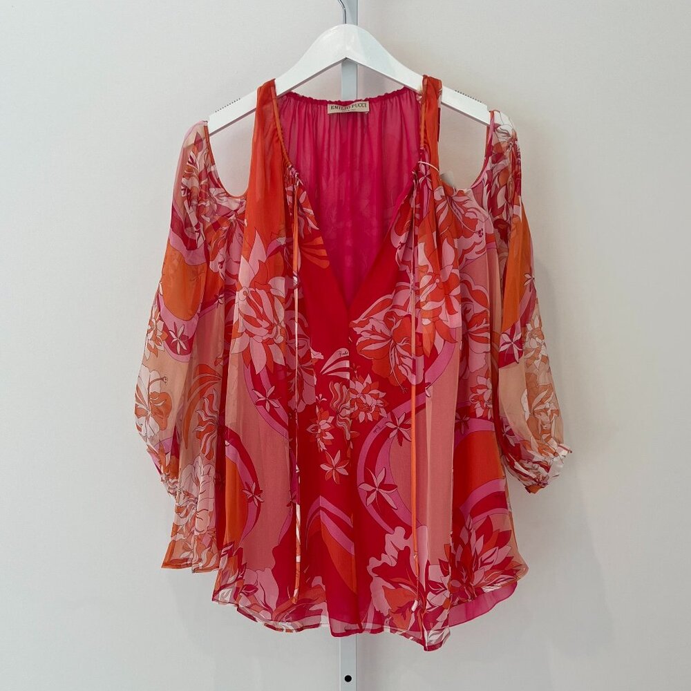 EMILIO PUCCI ORANGE FLORAL SILK COLD SHOULDER TOP STYLE OERM25 SIZE IT 42 / US 8